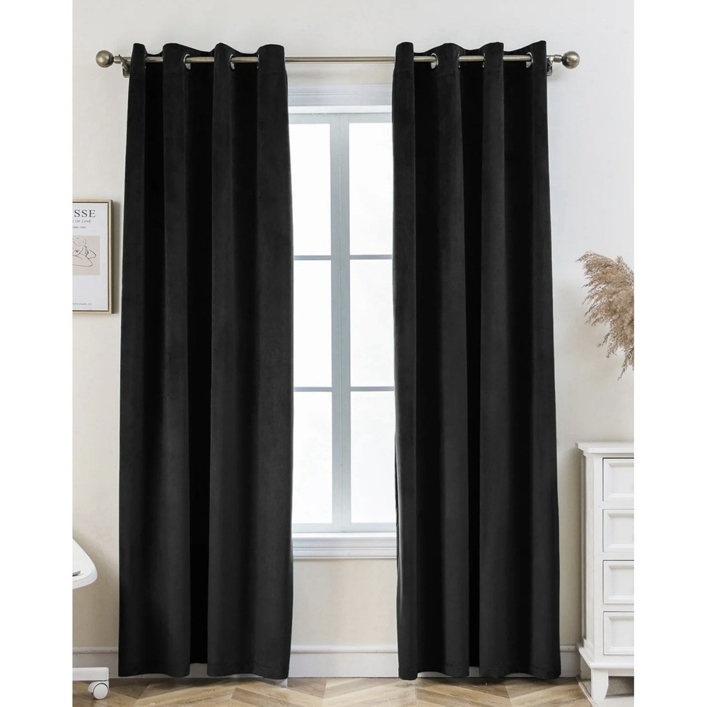 Blackout Velvet Grommet Top Black Curtains Heavyweight Panels 52"x84" Set of 3